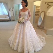 Elegant Lace Wedding Dresses Long Sleeves Beaded A-line Bridal Gowns Court Train