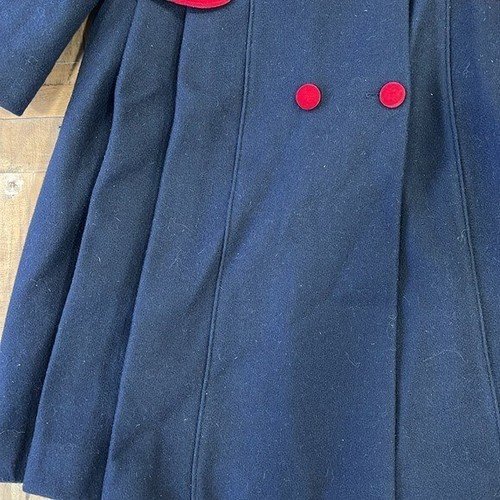 Vintage USA navy wool pleated velvet trim button front long pea coat and hat - Picture 3 of 16