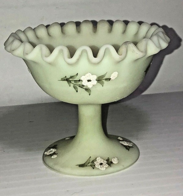 Fenton Green Satin Ruffled Footed Candy Dish Hand Painted See Pics