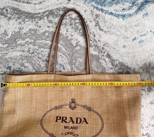 PRADA Logo Print Raffia Tote Bag Shoulder Tote Leather Natural Beige Size XL - Picture 21 of 23