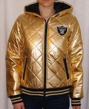 Oakland Raiders G-III Womens Puffer Quilted Full Zip Jacket With Hood - Gold