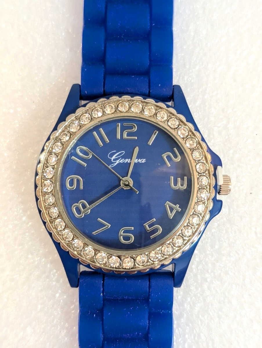 Geneva Women's Cobalt Blue Silicone Rhinestone Wrist Watch Analog