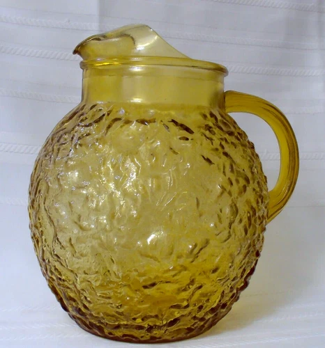 VTG Golden Amber Crinkle Glass Ball Pitcher Anchor Hocking Lido Milano Retro MCM