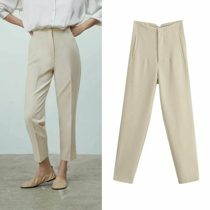 High Waisted Pants Women Fashion Office Beige Pants Chic Button