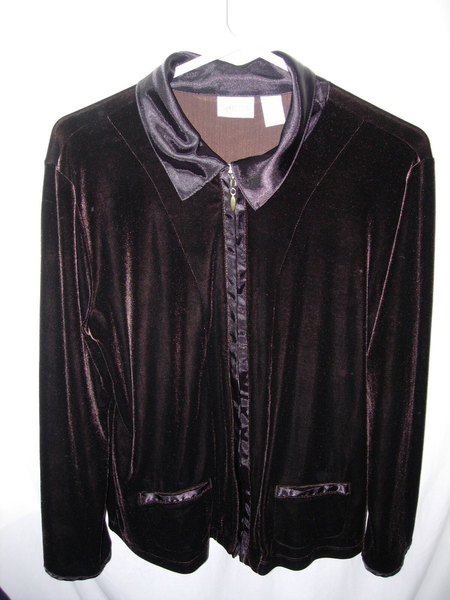 WOMENS BLACK VELOUR VELVET LOOK CASUAL CHICOS ZIPPER JACKET SIZE M L 44