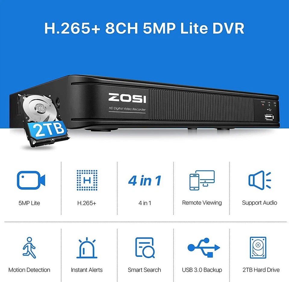 ZOSI CCTV H.265+ 5MP Lite 4 en 1 DVR vigilancia del hogar 0-2 TB para cámara de seguridad Foto 2 de 4