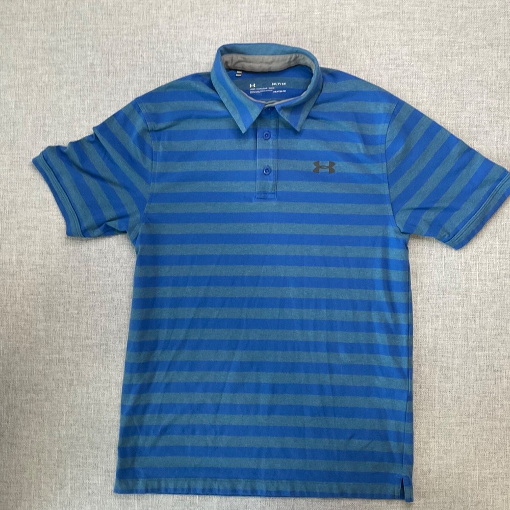 Under Armour Polo Shirt Mens Small Striped Blue Loose Fit Short Sleeve