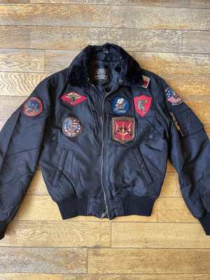 Top Gun Flight Jacket Black Bomber Fur Collar Men's Large