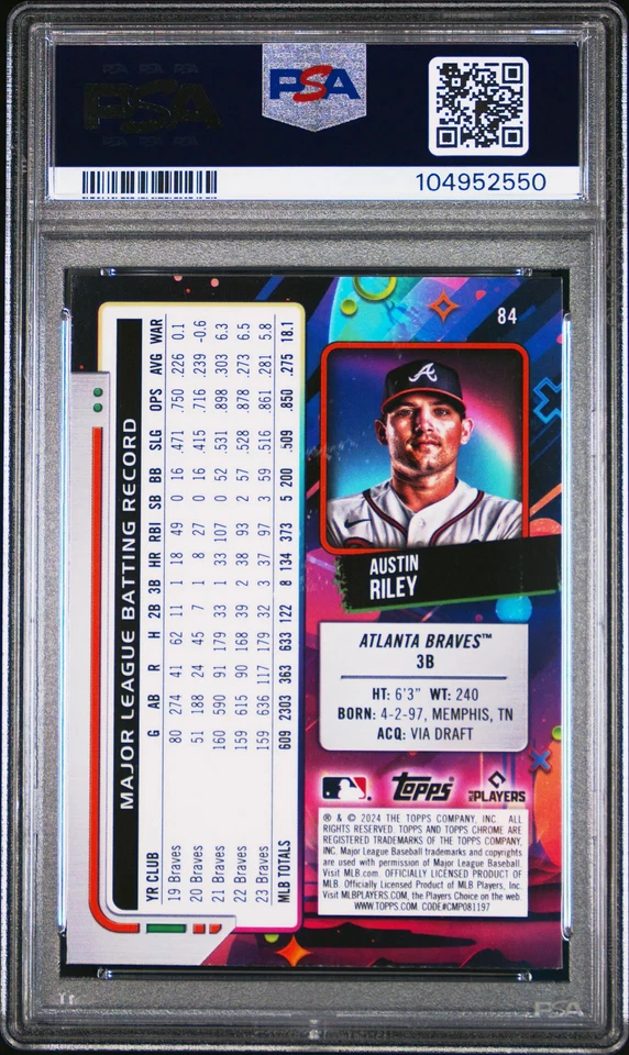 2024 Topps Chrome Cosmic Austin Riley #84 Purple Nebula Refractor 107/150 PSA 10 - Image 2 of 2