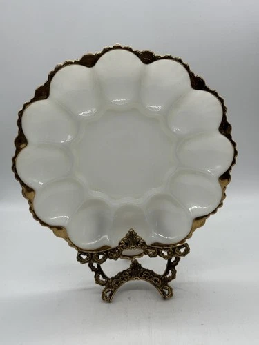 Vtng. Anchor Hocking Fire King Milk Glass Deviled Egg Plate 22k Gold Trim 10”