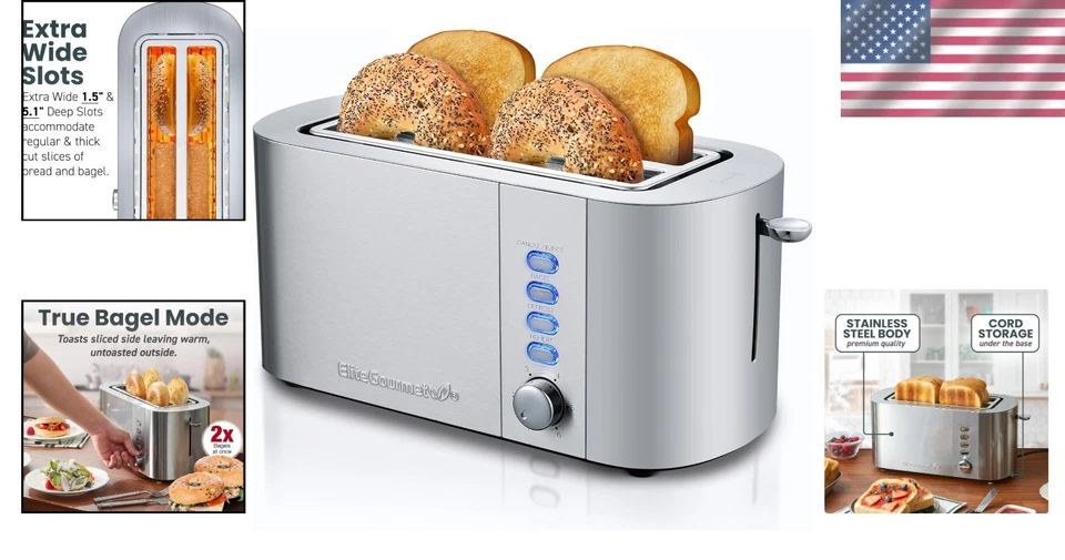 Elegant 4-Slice Long Slot Toaster with Extra Wide 1.5" Slots - Stainless Steel - Image 2 of 4