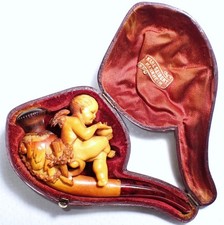 Antique Cased Meerschaum Pipe FIGURAL CUPID HOLDING A HEART Karl Seibert Manheim