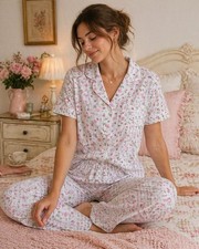 Image of Cottagecore Seersucker Floral Pajama Set Medium Pink Rose Coquette Soft Girl NEW