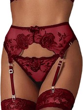 Lace Garter Belt Thong Set for Women Suspender Lingerie with 4 Metal Clips Holde