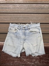 Vintage 80 s Levis 505 XX Denim Jean Shorts Light Blue Distressed Mens 32