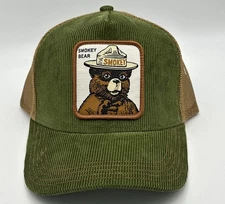 Authentic Smokey The Bear Patch Corduroy Mesh Snapback Trucker Hat Wildfires NWT