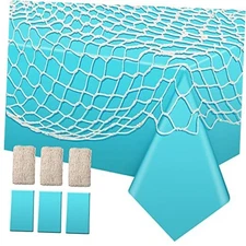  6 Pcs Fish Net Decorative and Tablecloth Set, Cotton Fishnet and Turquoise