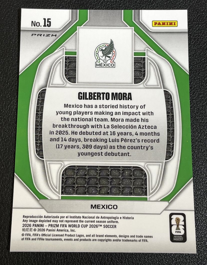 2026 Panini Prizm World Cup Gilberto Mora #15 RC New Era Celestial Lattice SSP view 2