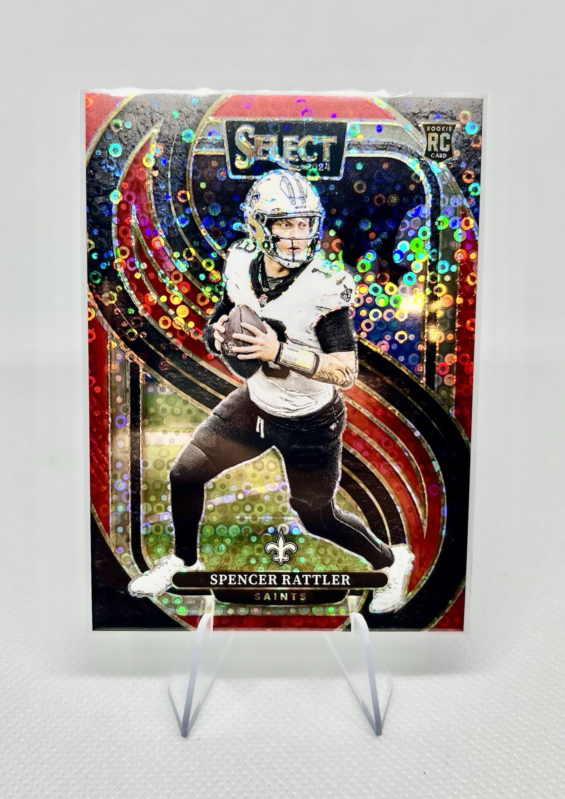 2024 Select Football Spencer Rattler Premier Level Red Disco Prizm /49 RC Saints