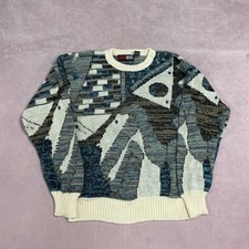 Vintage Abstract Knitted Jumper Patterned Grandad Chunky Knit Sweater Men's Xl