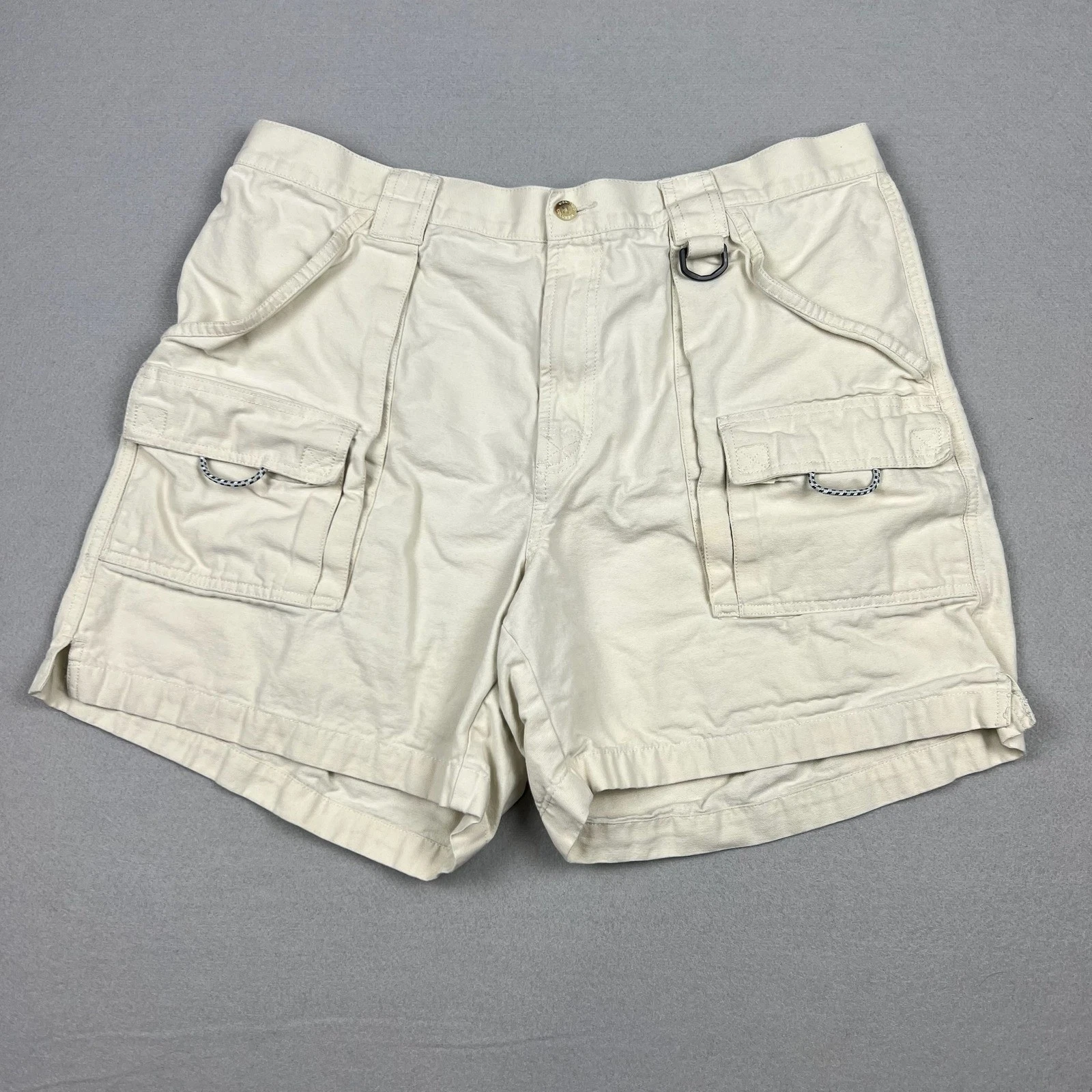 Columbia Mens XL PFG Ivory White Canvas Cargo Fishing Shorts D-Ring Pouch FM4012