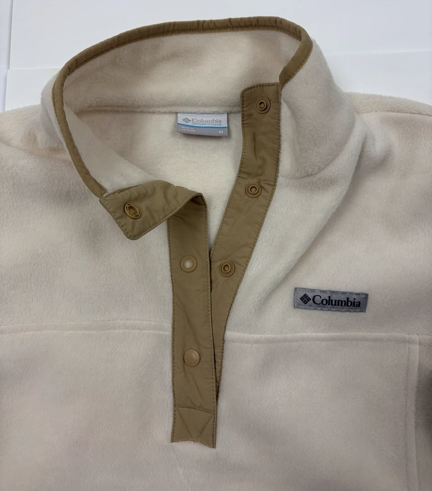 Pullover Columbia polar cuarto a presión crema con ribete marrón para mujer talla M Foto 3 de 4