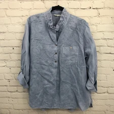 John Mark Top Women 1X Blue Linen Embroidered Long Sleeve Button Up Floral Basic