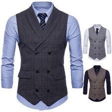 Plaid Men's Dress Vests Shawl Lapel Double Breasted Formal Business Waistcoats