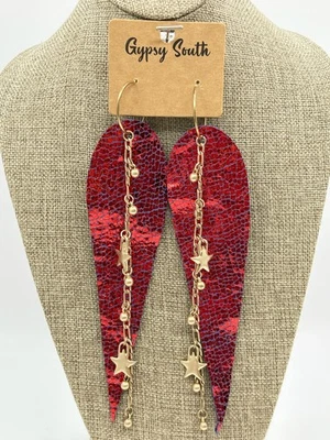 GYPSY SOUTH Firework Show Earrings NWT RED GOLD 8" LTHR Chain Star - Image 1 of 4