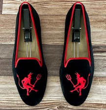 RARE! Men's $575 Stubbs & Wootton Black Velvet “DEVIL" Loafers Slippers Shoes 9