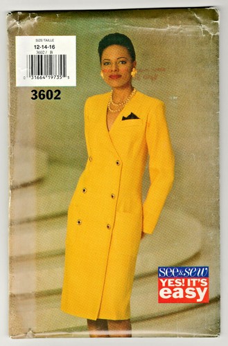 Butterick 3602 Double Breasted Straight Dress 12-14-16 Easy Sewing Pattern UNCUT - Picture 1 of 2