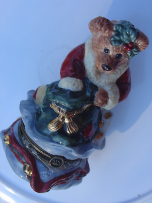 Boyds Bearware Pottery Christmas Santa Bear Treasure Ring Trinket Box No Box