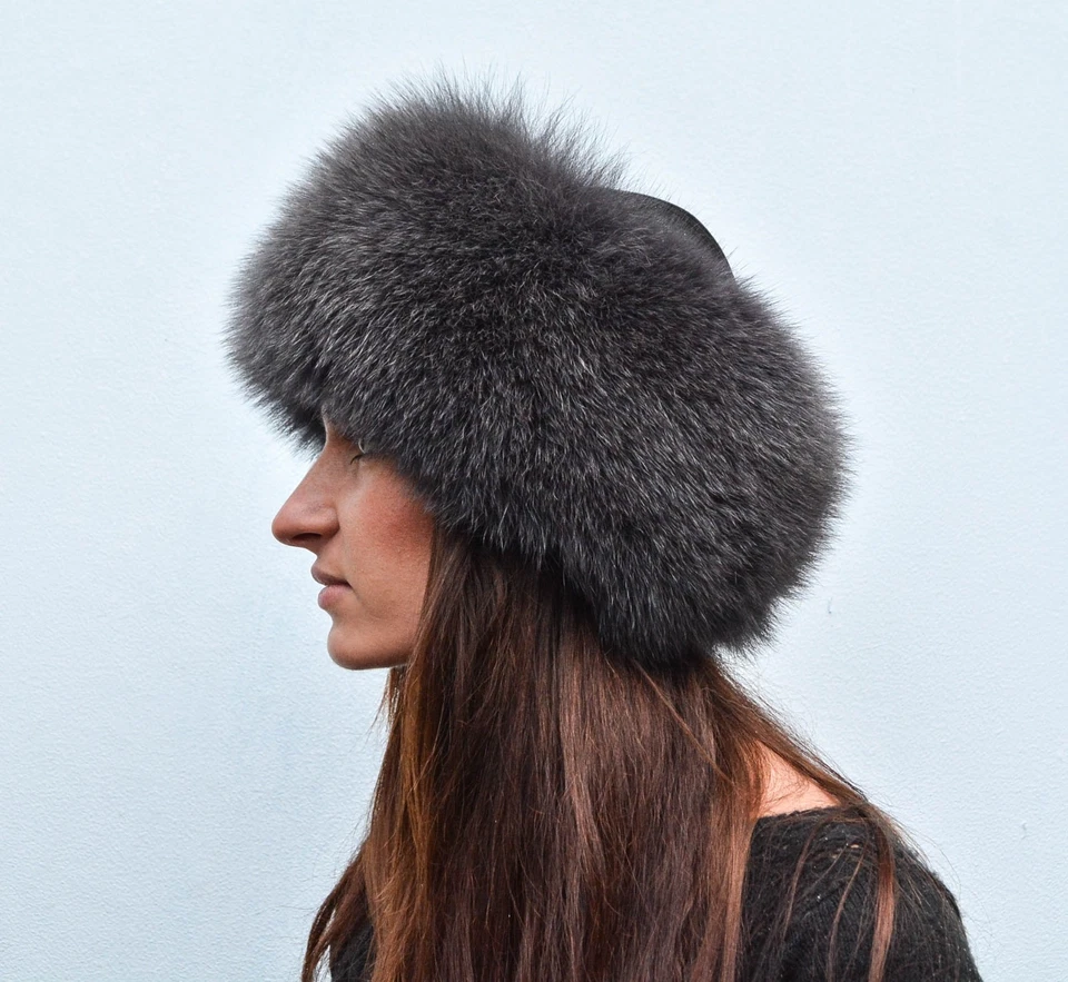 Saga Furs Granite Gray Fox Fur & Black Suede Leather Women's Winter Roller Hat - Image 3 of 4