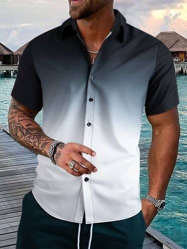 Men's Gradient Shirt Casual Slim Tee Shirts Short Sleeve Button Down Tops Blouse - Picture 1 of 25
