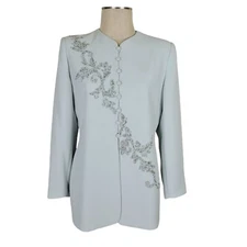 Le Suit Blazer Size 8P Mint Green Embellished Beaded Sparkle Loop Buttons Long