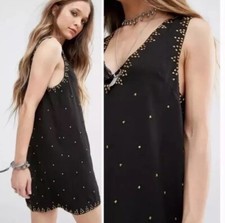 Free People Soho Studded Black Sleeveless Mini Dress Womens Size 10 Black Gold