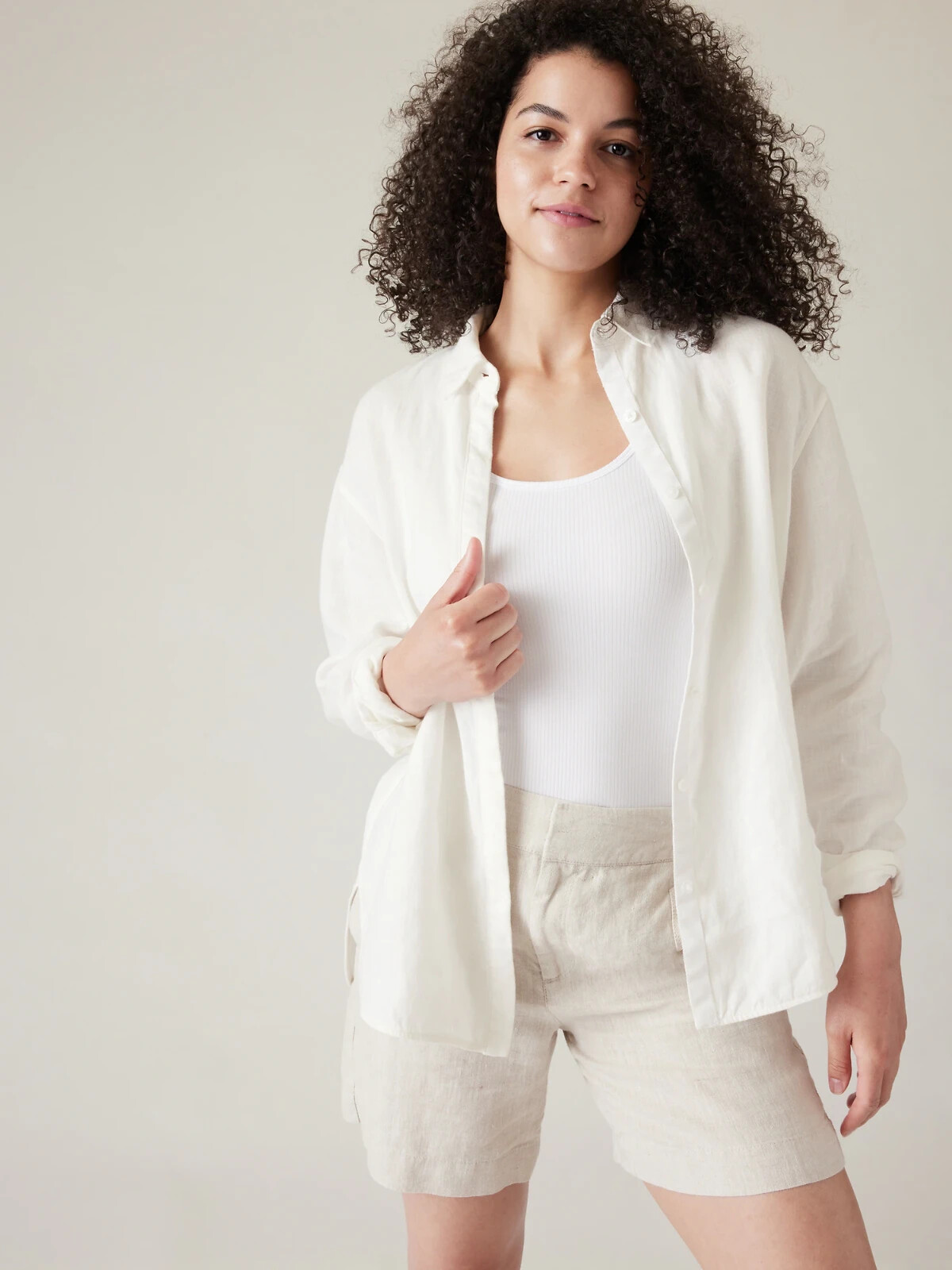 Athleta L Playa White Linen Shirt Large