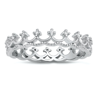 White CZ Princess Tiara Crown Eternity Ring .925 Sterling Silver Band ...