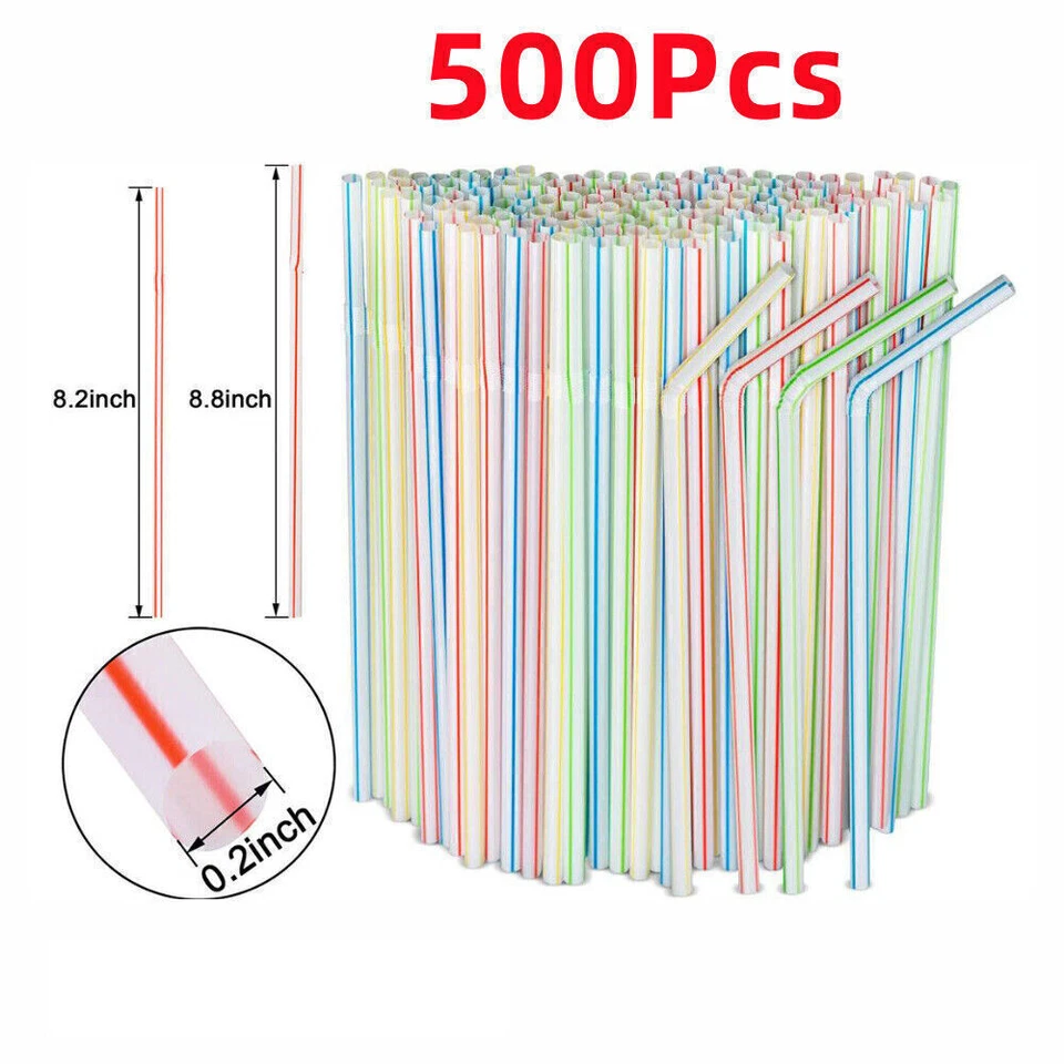 500 Straws Bendy Colourful  Flexible Plastic Birthday Wedding Summer Party Drink - Image 2 of 4