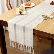 Natural Boho Table Runner 183cm Handmade Cotton Linen with Tassels Neutral Decor