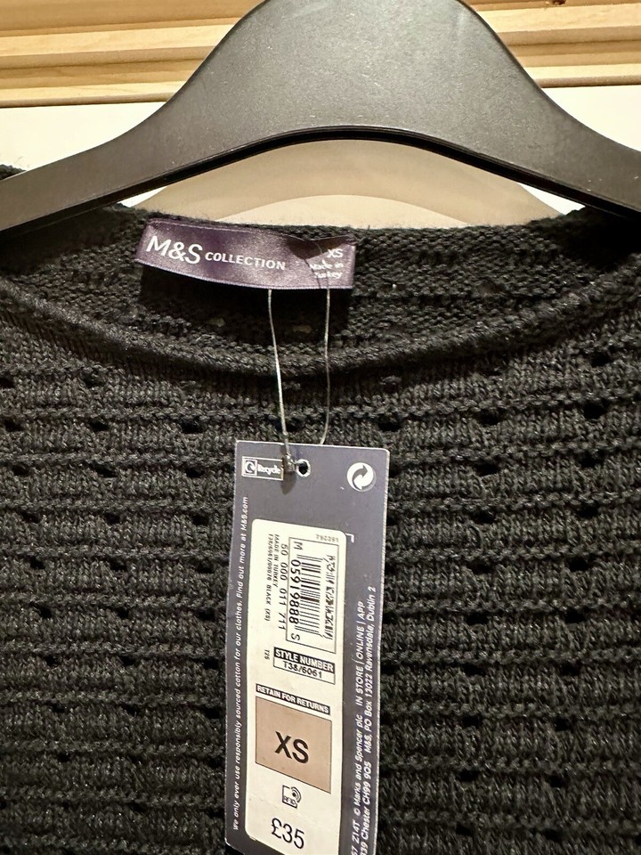 NEW M&S Black Crochet Look Waffle Knit Cropped Jumper Cotton Mix XS 16