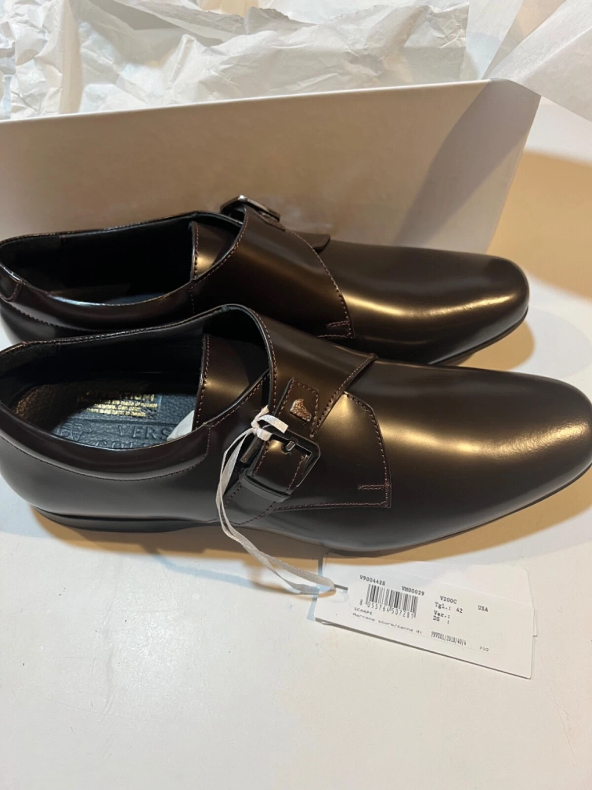 Scarpe eleganti slip on uomo pelle marrone nuova collezione Versace US 9 IT 42 nuove con scatola