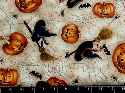 Tina SCRAP 9''x21'' Pumpkins Halloween Spider Witch Hat Web Bat Cotton Fabric