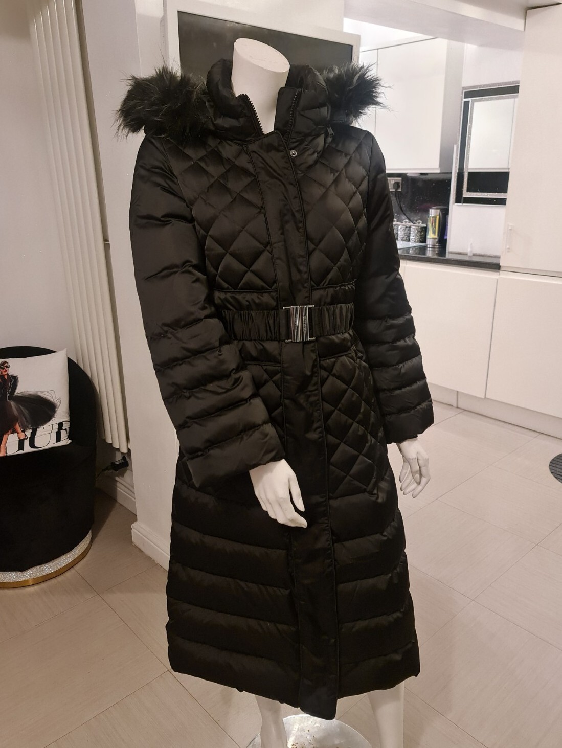 Guess long puffer coat size S womens belted fur hood real down feathers