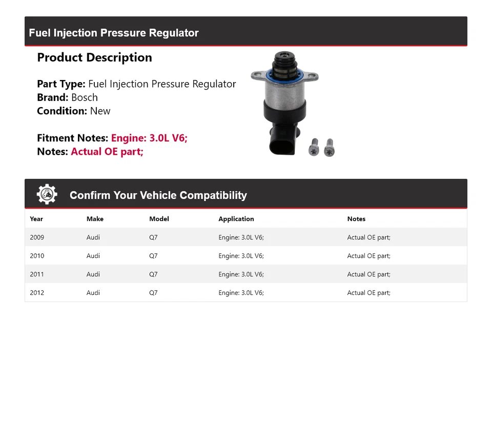 For 2009-2012 Audi Q7 3.0L V6 Bosch Fuel Injection Pressure Regulator 2010 2011 - Image 2 of 4