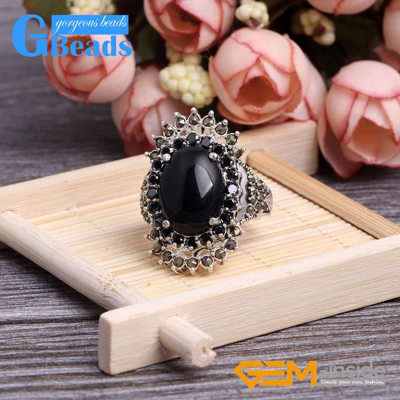 Anillo de marcasita de plata tibetana cuentas de piedra ovalada de arenisca azul joyería 20x30 mm Foto 2 de 4