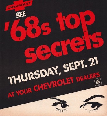 1967 Chevrolet Top Secrets Print Ad   Full Page Red Black Eyes GM Dealer Tease