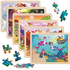 Wooden Dinosaur Puzzles for Kids Ages 4-6, 6 Packs 60 PCs Jigsaw Puzzles Educ...