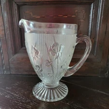Nice Big Vintage Jeannette Glass 9 1/2" Iris Herringbone Footed Pitcher