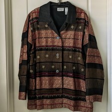 Vintage Chico's Red Silk Blend Printed Button Jacket Size 2/L Artsy Mature Boho